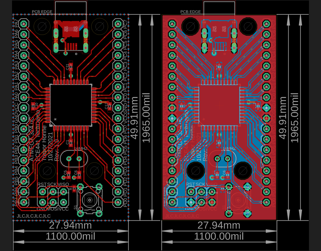 Left, Layout of PCB. Right, layout with Vcc and GND planes